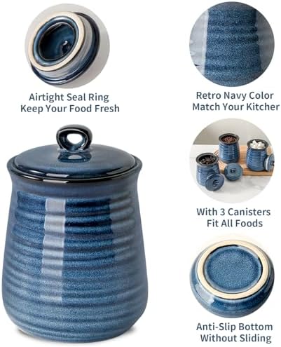 Ceramic Food Storage Jars,25 Oz Porcelain Kitchen Canisters with Airtight Lids Set of 3,Flour Containers for Countertop,Farmhouse Decor Serving Ground Coffee,Tea,Sugar,Pasta and Rice,Blue - Image 5