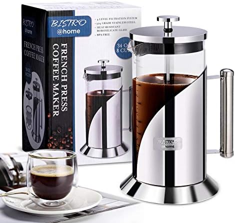 French Press Coffee Maker - 304 Grade Stainless Steel Coffee Maker - 4 Level Filtration System - Heat Resistant Borosilicate Glass - Coffee Press 34oz Bistro@Home by MNWARE