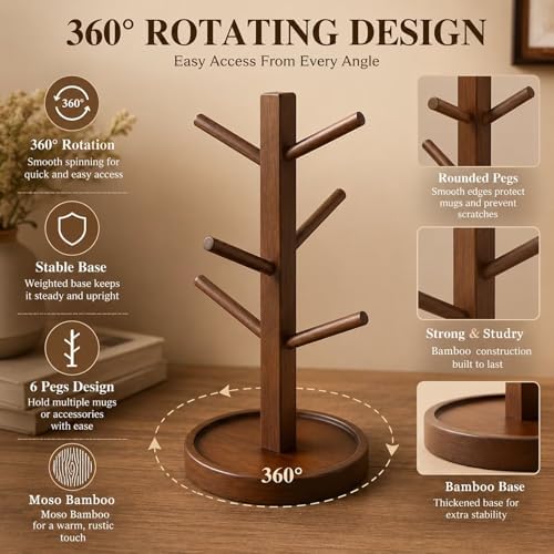 Sturdy Bamboo Mug Tree with Drip Tray, 4 Arm Rotating Cup Holder for Espresso & Cappuccino Cups, Compact Organizer for Home or Office, 11in - Image 3