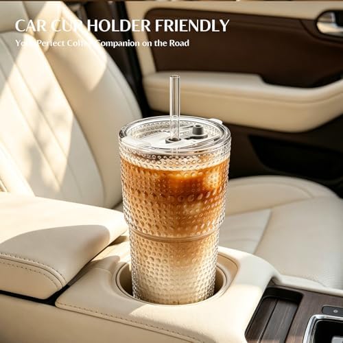 INSETLAN Iced Coffee Cups with Lids and Straws, 20 oz Hobnail Glass Tumbler - Image 7