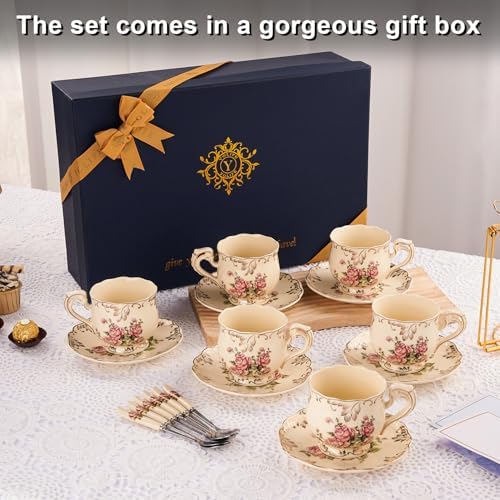 YOLIFE Tea Cups and Saucers Set of 6, 8 OZ Flowering Shrubs(with Gift Box) - Image 6