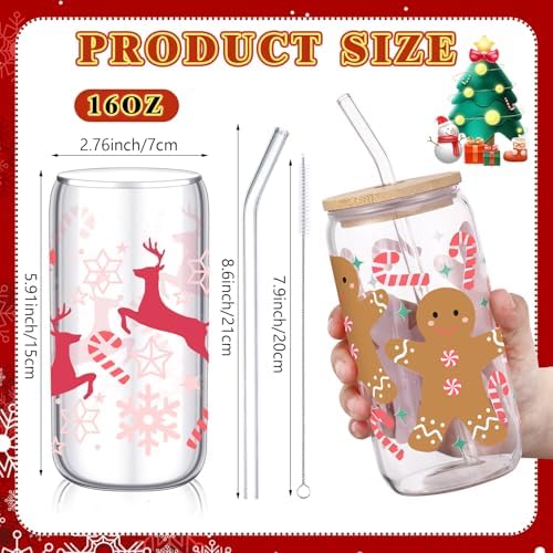 SiliFine 6 Pcs Christmas Glass Cups, 16 oz with Lids and Straws - Image 3