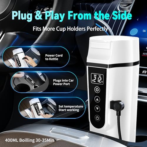 Car Electric Kettle for Travel : FVPE 12V/24V Small Electric Water Kettle, Multi-Temp Control 400 mL Portable Car Water Boiler for Brewing Coffee Tea,LCD Display 304 Stainless Steel Truck Heating Cup - Image 3