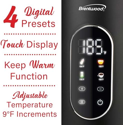 Brentwood 1100W 1.7L Cordless Cool Touch Digital Kettle with Stainless Steel Interior, Temperature Control with 4 Presets, 360° Base, Auto Shut-Off, Keep Warm, & Boil Dry Protection (Black, 1.7L) - Image 2