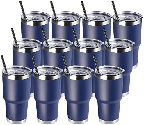 DOMICARE 30 oz Tumbler with Lid and Straw, Stainless Steel Tumblers Bulk, Insulated Vacuum Double Wall Travel Coffee Mug, Durable Powder Coated Tumbler Cups (Navy, 12) by VisittheDOMICARE