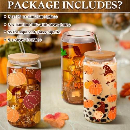 Umigy 8 Pcs 16oz Fall Thanksgiving Ice Coffee Cup with Lids & Glass Straw - Image 3