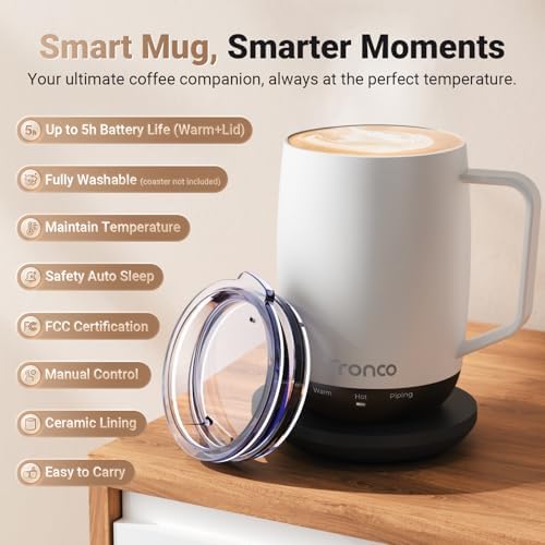Tronco Temperature Control Heated Coffee Mug 14 oz – Rechargeable Self-Heating Coffee Cup with Lid – Manual Control, 3 Modes, 130 Min Battery Life, Auto Shut-Off (White) - Image 6
