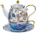 ACMLIFE Tea for One Teapot and Cup, Vintage Floral Porcelain Tea Set for One, Bone China Teapot with Cup Set, Tea Pot Gift for Women (Blue-A) by ACMLIFE