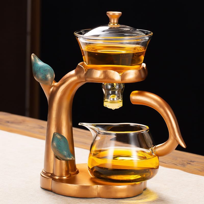 RORA Lazy Kungfu Glass Tea Set Semi Automatic Drip Rotating with Infuser Glass Teapot (Brown Bird) - Image 6