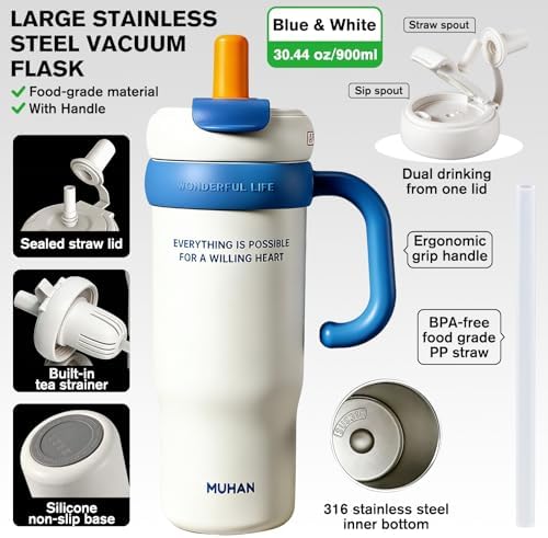MUHAN 30oz Insulated Tumbler with Handle, Stainless Steel Water Bottle, Travel Mug (Blue White-316 stainless steel inner （Lid+tea strainer+Straw+handle）, MUHAN 30oz Insulated Tumbler with Handle) - Image 2