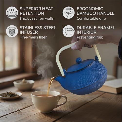 30.4oz Small Tea Kettle, Blue Cast Iron Teapot with Infuser - Image 2