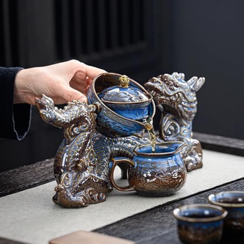 Chinese Gongfu Tea Set - Ceramic 360 Rotating teapot with Infuser, 6Cups, Semi Automatic Dragon Design for Loose Leaf Tea - Image 3