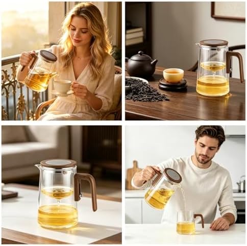 Tea Pot, Water Separation Glass Teapot with Wooden Handle, Witchcraft Magical Teapot, Glass Tea pot with Infuser Strainer, Magic Tea Pot (800ML) - Image 7