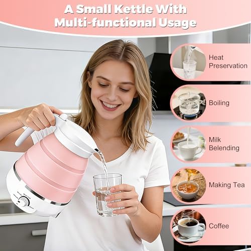 Qivine Collapsible Travel Kettle, Silicone Portable Water Boiler Kettle Electric 600ML, Foldable Electric Pot for Boiling Water, Small Camping Kettles for Tea Coffee with 2 Cups (Pink) - Image 3