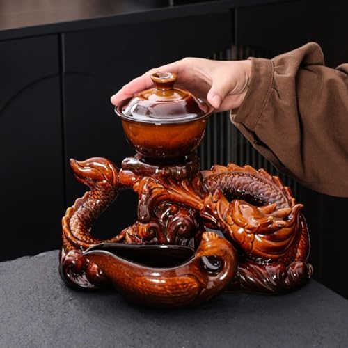 Ceramic Teapot with Infuser Chinese Gongfu Tea Set, 8 Cups, Semi Automatic Dragon Design for Loose Leaf Tea - Image 4