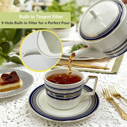 Vintage Tea Sets for Adults, Porcelain Complete Tea Sets - Golden&Blue Trim British Coffee Cups& Saucer Service for 4 with Teapot,Sugar Bowl,Creamer Pitcher for Gifts Kitchen&Party - Image 3