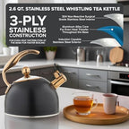 Viking 3-Ply Stainless Steel Tea Kettle, 2.6 Quart Stovetop Hot Water Pot with Tempered Glass Lid, Ergonomic Handle, Induction Ready, Matte Black and Copper - Image 3