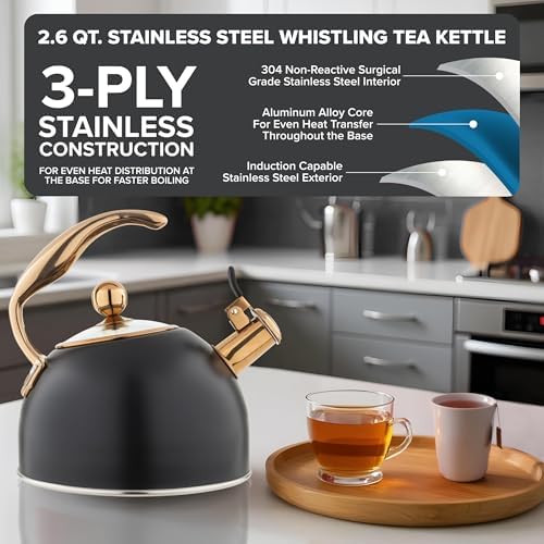 Viking 3-Ply Stainless Steel Tea Kettle, 2.6 Quart Stovetop Hot Water Pot with Tempered Glass Lid, Ergonomic Handle, Induction Ready, Matte Black and Copper - Image 3