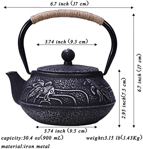 tetsubin Cast iron Tea Kettle workshop Healthy japanese fish pattern Teapot with Stainless Steel Infuser（30.4oz） - Image 2