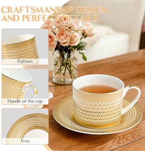 Luxury White & Gold Embossed Tea Cups and Saucers with Teapot, Sugar Bowl, & &Creamer, Vintage European Porcelain Coffee Set for Tea Party, Wedding, Gift (Gold, 4pcs/set) - Image 4