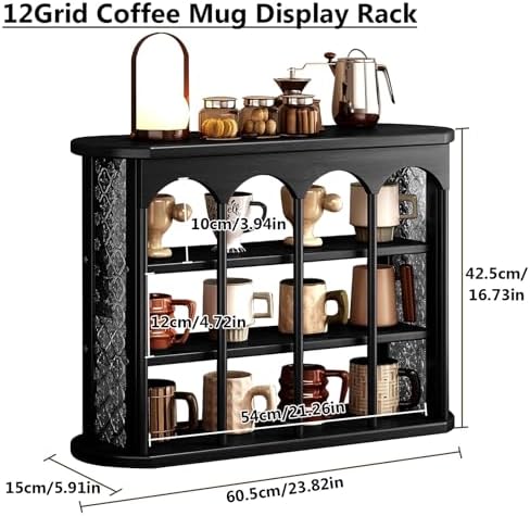 Wooden Mug Holder Countertop, Freestanding Grid Vintage Coffee Cup Display Stand, Rustic Coffee Mug Holder Organizer for Kitchen, Coffee Station,Black,12 Grid - Image 2