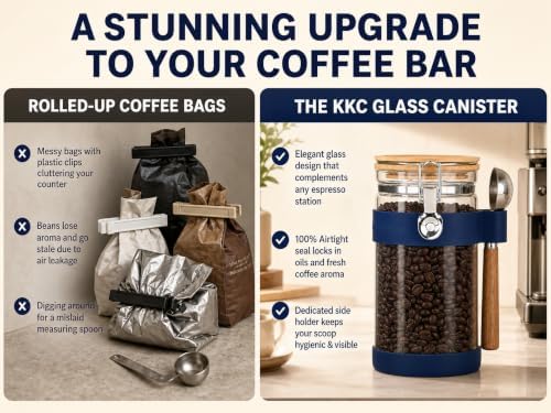 KKC Airtight Glass Coffee Canister 40 oz/1200 ml with Scoop, Holds 1 lb Whole Coffee Beans & Ground Coffee, Clear Storage Jar with Bamboo Lid & Silicone Base Protector for Coffee Bar, Blue - Image 4