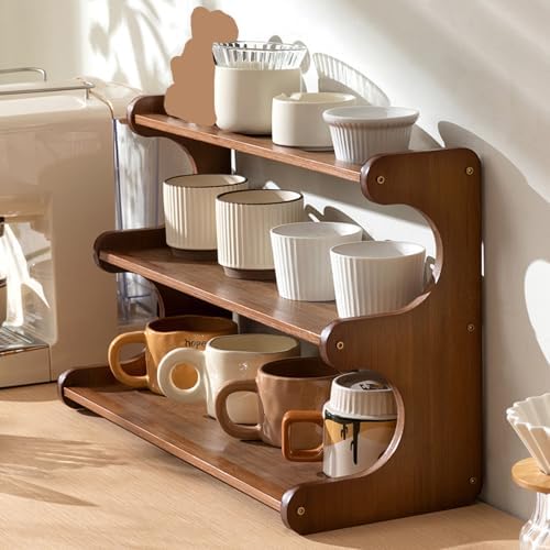 3-Tier Wooden Mug Holder Countertop, Coffee Cup Holder Mug Display Coffee Mug Organizer Mug Rack for Coffee Station Organizer Mug Shelf for Cabinet for Kitchen, Home,Brown,Short - Image 7