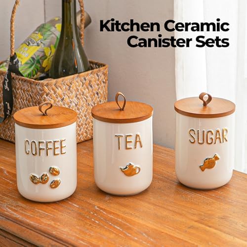 White Ceramic Canister Set for Coffee Tea Sugar, 3-Piece Food Storage Jars with Wood Airtight Lids, Decorative Small Container for Kitchen Pantry Counter - 25oz - Image 6
