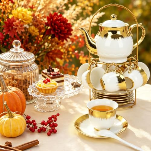 Porcelain Tea Set, Large Ceramic Tea Set for Adults with Metal Holder, 20 Pcs European Tea Cup Set, Luxury Adult Tea Sets Gift, Gold Trim Tea Cup Saucer Sets for Party Deco,1000ML (Gold Trim) - Image 4