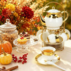 Porcelain Tea Set, Large Ceramic Tea Set for Adults with Metal Holder, 20 Pcs European Tea Cup Set, Luxury Adult Tea Sets Gift, Gold Trim Tea Cup Saucer Sets for Party Deco,1000ML (Gold Trim) - Image 4