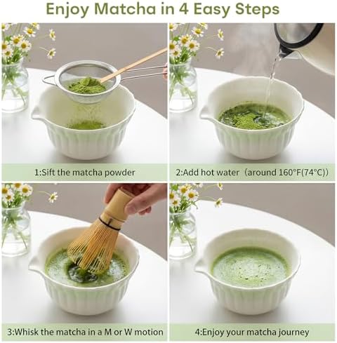 Matcha Whisk Set | Japanese Matcha Kit with Daisy Ceramic Bowl, Mushroom Whisk Holder, Sifter, Bamboo Chasen Whisk & Scoop | Mothers Day, Fathers Day, Housewarming Gift, Green - Image 6