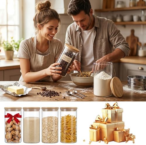 4-Pack Glass Storage Jars with Bamboo Lids, 1200ml Airtight Food Storage Containers, Clear Pantry Organizers and Storage Canisters Set for Cereal, Snack, Candy, Kitchen - Image 6