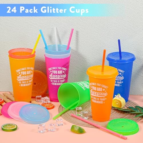 24 Pack Plastic Tumblers with Lids and Straws, Sometime You Forget You Are Awesome Gifts Reusable Cups with Lids Colorful Cups for Party, Iced Coffee Cup Bulk Tumbler (24 oz, Light Color Printed) - Image 4