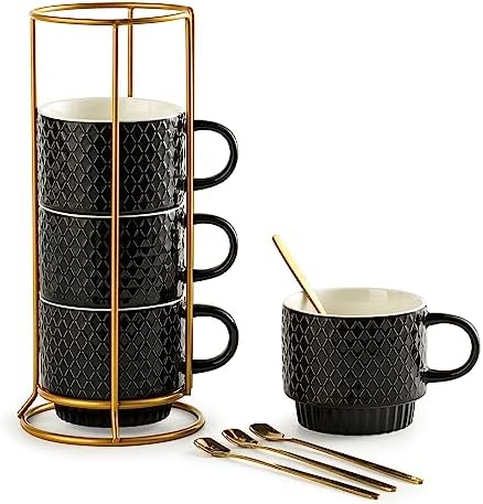 Gomakren Coffee Mugs Set of 4, 13oz Stackable Coffee Cups with Stand, Black by Gomakren