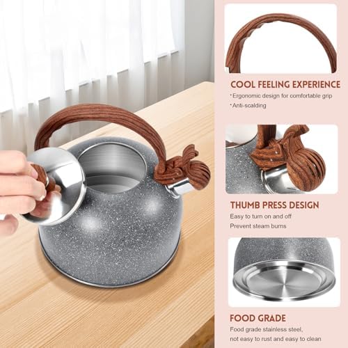 GGC 2.7QT/3L Whistling Tea Kettles for Stove Top, Stainless Steel Tea Kettle with for Boiling Water Milik or Coffee, Starry Gray Tea Pots with Wooden Anti Heat Handle - Image 3