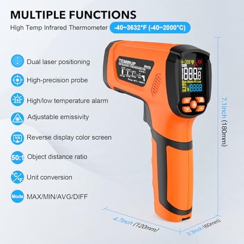 Infrared Thermometer Temperature Gun, -40℉-3632℉, High Temp Thermometer with Thermocouple Probe, Non-Contact 50:1 Pyrometer Dual Laser Thermometer Gun for Engine, Kiln, Forging, Industrial - Image 2