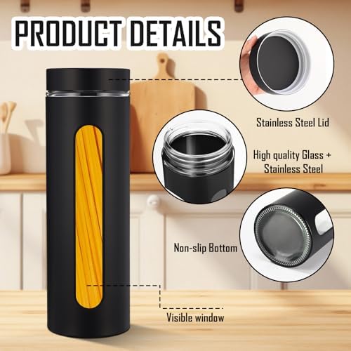 Mimorou 3 Pcs Stainless Steel Canister Set with Glass Windows Visible Storage Jars Silver Kitchen Canister Set for Pasta Flour Oat Sugar Container, Kitchen Tools, Housewarming Gifts(Black,60 oz) - Image 4