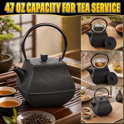 Creative Home Textured Japanese Tetsubin Cast Iron Teapot with Stainless Steel Infuser, 47 oz, Ergonomic Handle for Isolation of Tea Residue, Stovetop Safe - Image 4