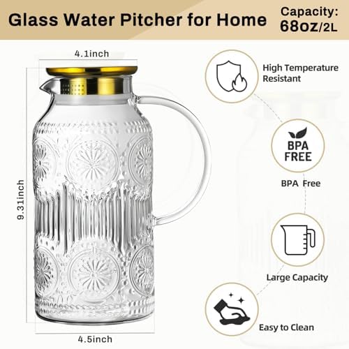Buaic 2 PACK Glass Pitcher with Lid, 68 oz Vintage Water Carafe for Fridge - Image 2