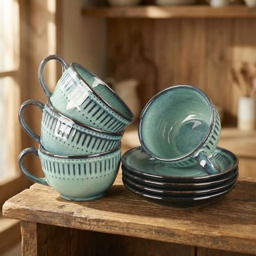 Cappuccino cup with tray, 8.5 oz. Set of 4 Ceramic Coffee Cups and Saucer Set for Latte, latte art cup, suitable for latte/cappuccino/milk/tea - Image 5