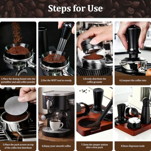 54mm Espresso Accessories Kit, 7-Pcs Barista Tools Set with Calibrated Coffee Tamper, WDT Tool, Espresso Distributor, Dosing Funnel, Puck Screen & Wooden Tamping Station for Home Barista - Image 5