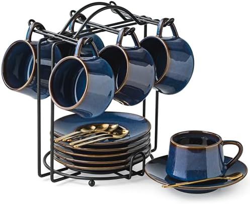 YHOSSEUN Espresso Cups Set of 6, 4 OZ Expresso Shots Cup with Sacuer, Blue by YHOSSEUN