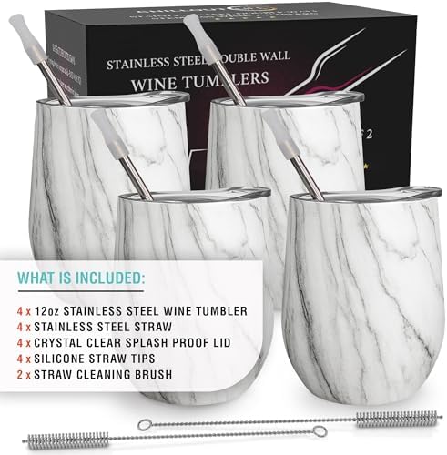 CHILLOUT LIFE 12 oz Stainless Steel Wine Tumblers 4 Pack - Double Wall Vacuum Insulated Wine Glasses Cups with Lids and Straws Set Keeping Cold & Hot for Coffee, Beer, Ice Cream - Carrara Marble - Image 6