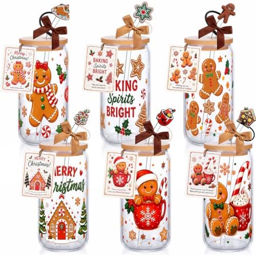 Vesici 6 Pcs Christmas Glasses with Lid Straw and Stopper, Gingerbread Man by Vesici