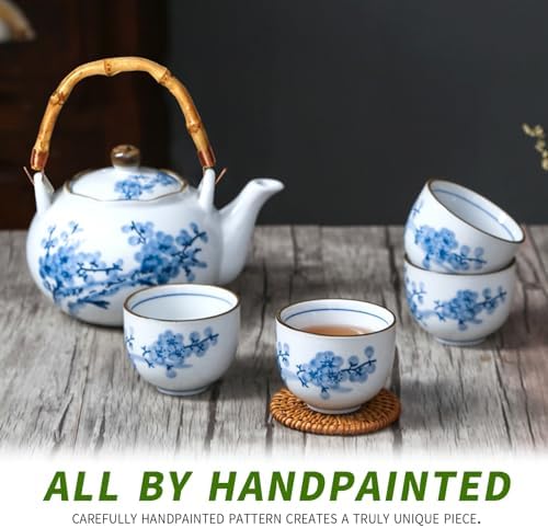 Japanese Tea Set Porcelain Tea Set with Teapot and Tea Cup Set for 4, Blue and White Tea Sets for Adults with Stainless Infuser and Bamboo Tray, Asian Tea Set for Tea Lovers/Women/Men (Plum & Bamboo) - Image 5