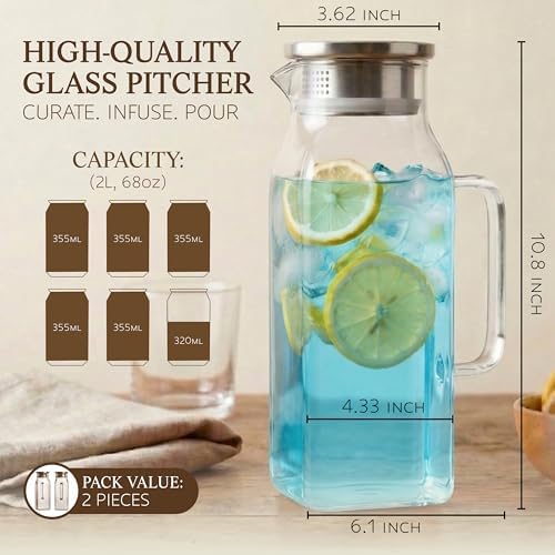 2 Pack Square Glass Pitcher with Lid and Handle, 68 oz 2 Liter Borosilicate - Image 2