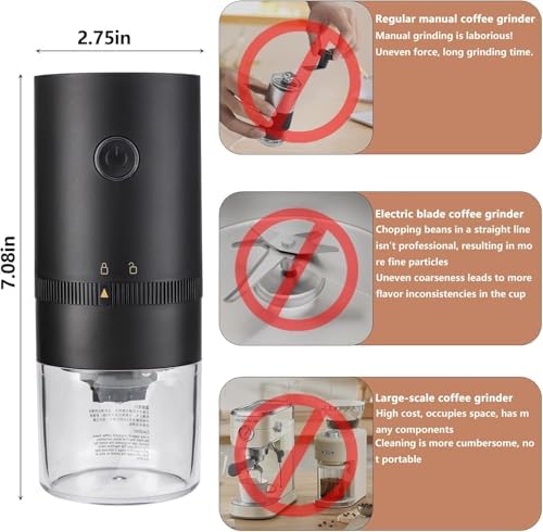 Portable Electric Burr Coffee Grinder Multi Adjustable Settings Rechargeable Coffee Bean Grinder with Conical Ceramic Burr, for Travel, Camping (BLACK) - Image 4
