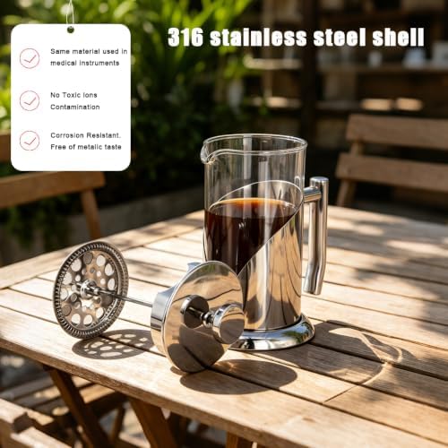Silver French Press Coffee Maker – 34oz Borosilicate Glass, 4-Level Stainless Steel Filter System (Extra Fine Filtration), Heat & Cold Resistant, Dishwasher Safe – Modern Silver Finish - Image 5