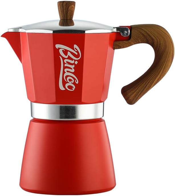 Bincoo Classic Italian Coffee Maker, Moka Pot 6 Cups, Espresso Maker Stovetop Espresso Moka Pot,Single Safety Valve (Red) by Bincoo