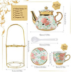 20 Piece Porcelain Tea Set with Metal Holder European Floral Pattern Tea Pot Tea Cup Tea Saucer Teaspoon for Women Adult Party Large Version - Image 4